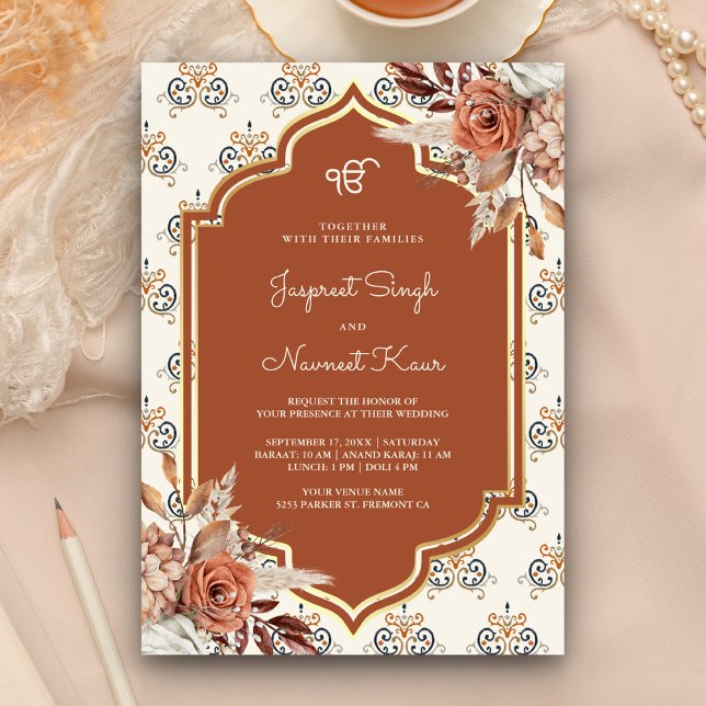 Invitation Boho Rust Orange Punjabi Anand Karaj Sikh Mariage (Créateur téléchargé)