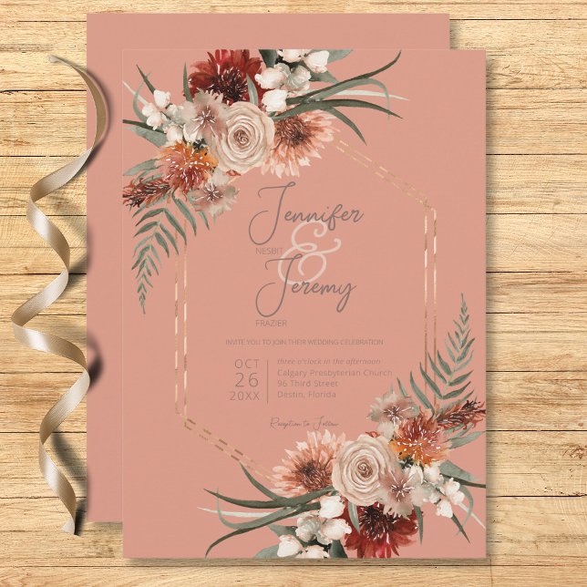 Invitation Boho Rust & Peach Neutral Rust Fall Floral Mariage (Boho Rust & Neutral Peach Rust Fall Floral Wedding Invitation)