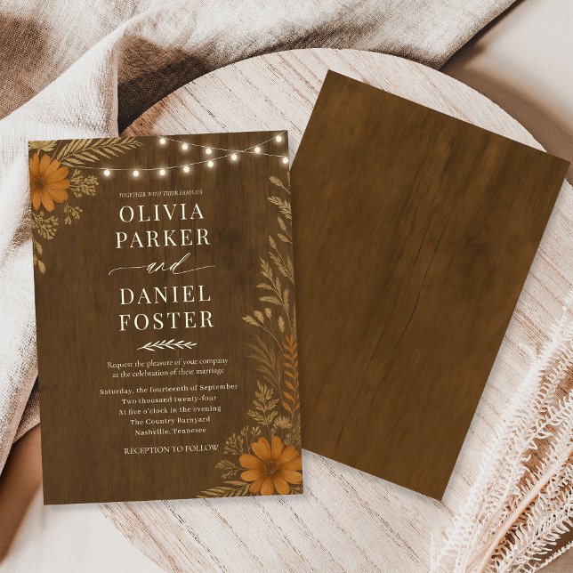 Invitation Boho Rustic Country Wood String Lights Wedding  (Créateur téléchargé)