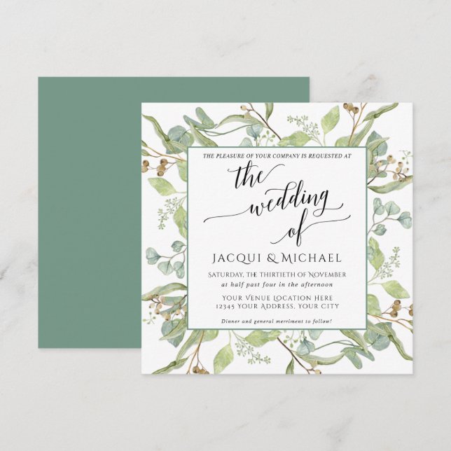 Invitation BOHO Rustic Eucalyptus Foliage Carré d'aquarelle (Devant / Derrière)