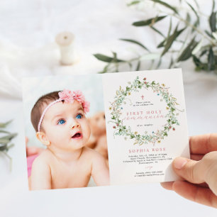 Invitation Boho Rustic Fleurs sauvages Photo Première Communi