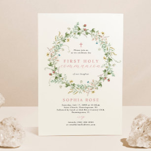 Invitation Boho Rustic Fleurs sauvages Première Communion sai