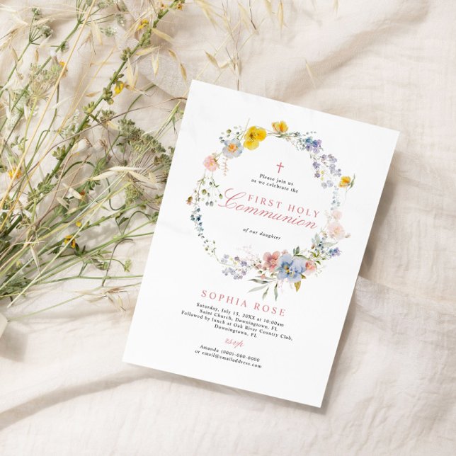 Invitation Boho Rustic Fleurs sauvages Première Communion sai (Créateur téléchargé)