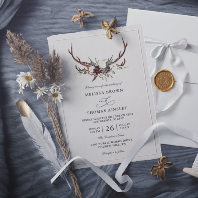 Invitation Boho Rustic Floral Antlers Budget QR Code Wedding (Créateur téléchargé)