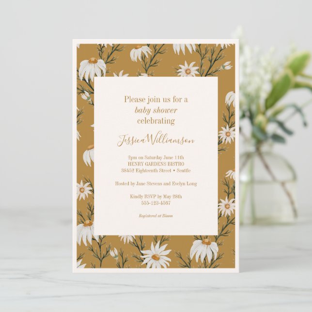Invitation Boho Rustic Floral Daisies Baby shower Jaune (Debout devant)