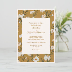 Invitation Boho Rustic Floral Daisies Baby shower Jaune