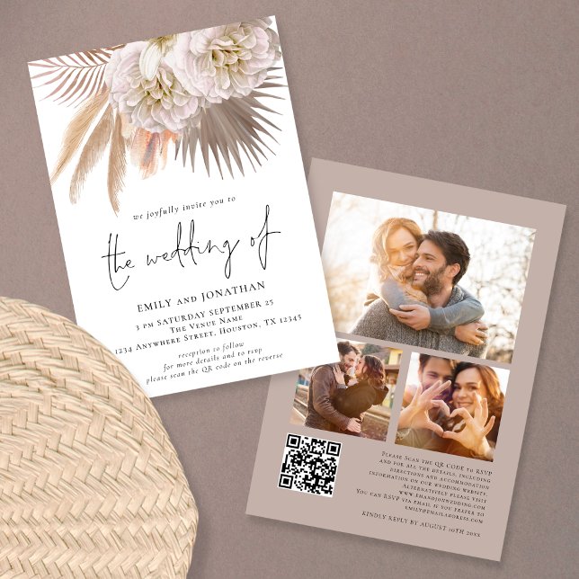 Invitation Boho Rustic Pampas Script QR 3 Mariage photo (Créateur téléchargé)