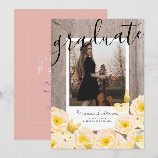Invitation Boho Rustic Rose Floral Wood Photo Graduation (Devant / Derrière)