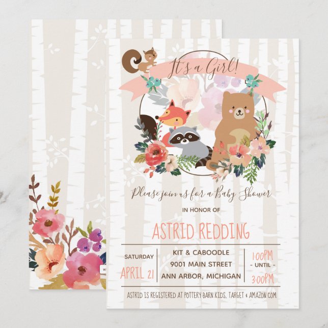 Invitation Boho Rustic Spring Birch Baby shower boisé (Devant / Derrière)