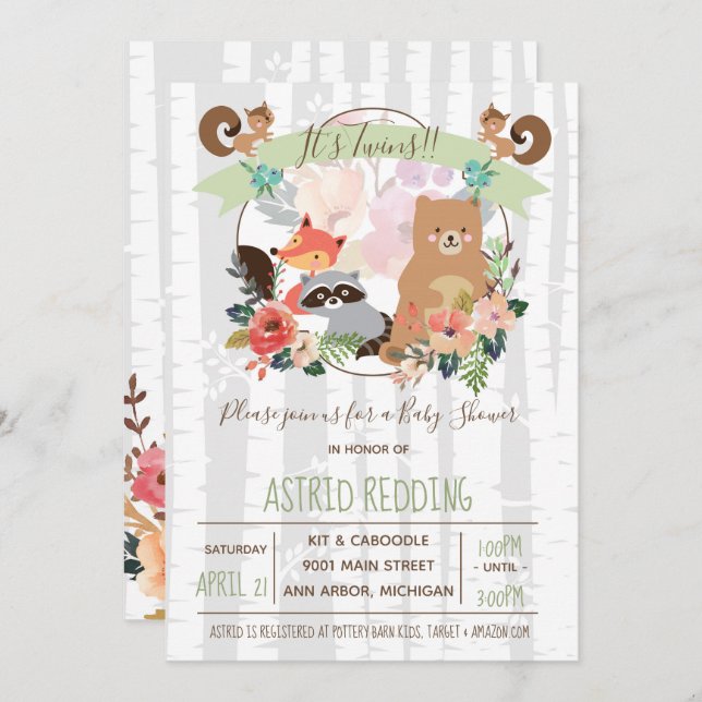 Invitation Boho Rustic Spring Birch Woodland Twins Douche (Devant / Derrière)