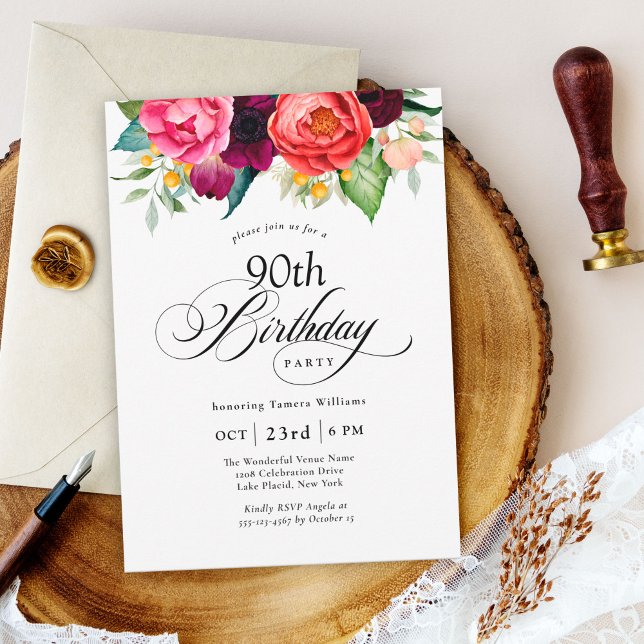 Invitation Boho Rustic Watercolor Floral 90e fête d'anniversa (Créateur téléchargé)