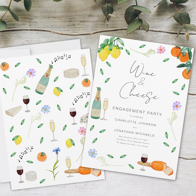Invitation Boho Rustic Wine and Cheese Engagement Party (Wine and cheese chic boho floral watercolor engagement party invitation)