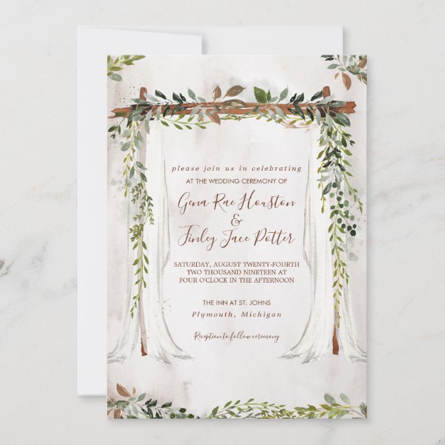 Invitation Boho Rustic Wood & Greenery Arch Canopy Mariage (Devant)