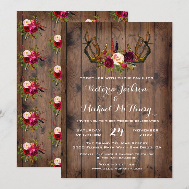 Invitation Boho rustique avec bois de cerf (Devant / Derrière)