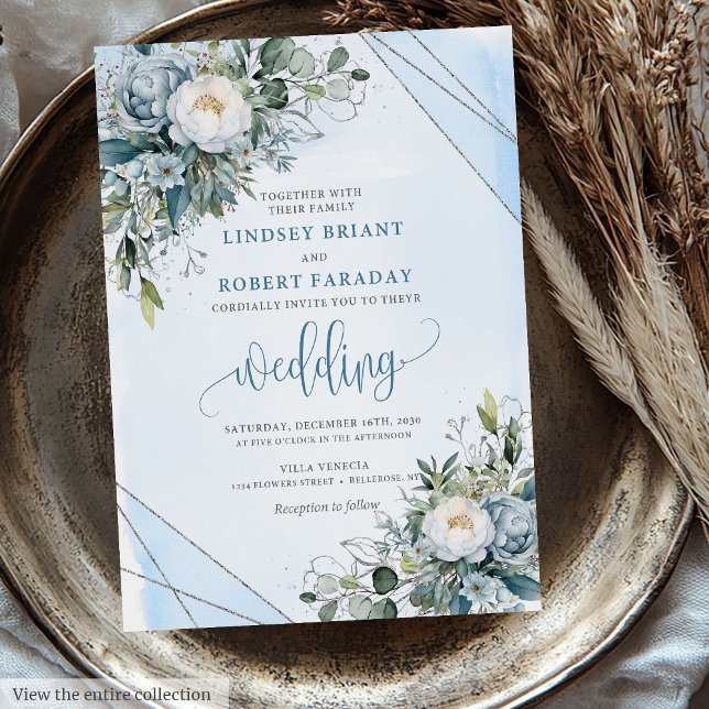 Invitation Boho rustique bleu poussiéreux mariage (Rustic boho dusty blue silver peonies wedding invite

)