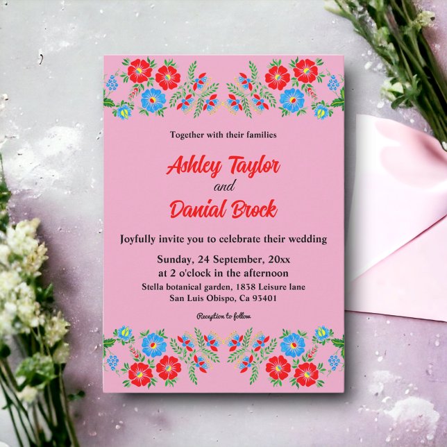 Invitation Boho Rustique Bleu Rouge Roses Pays Floral Mariage (Créateur téléchargé)