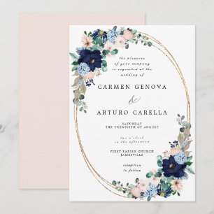 Invitation Boho Rustique Blush Rose Dusty Blue Floral Mariage