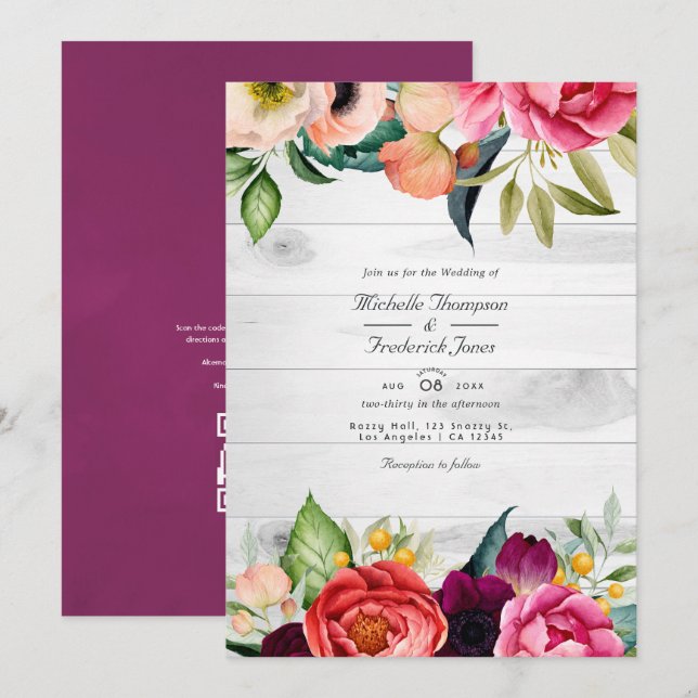 Invitation Boho rustique Bohème Floral Bohème QR Code RSVP Ma (Devant / Derrière)