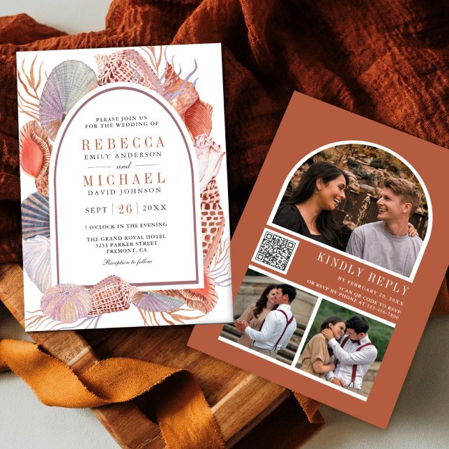 Invitation Boho Rustique Coquillages Nautique QR Code Mariage (Créateur téléchargé)
