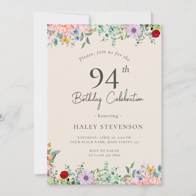 Invitation Boho rustique fleur sauvage 94e anniversaire Simpl (Devant)