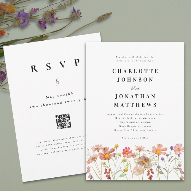 Invitation Boho Rustique Fleur sauvage Floral QR Code (Boho rustic Colorful Wildflower floral Wedding invitation watercolor flowers elegant typography )