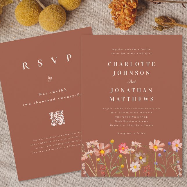 Invitation Boho Rustique Fleur sauvage Terracotta Mariage bei (Boho wildflower rustic burnt orange terracotta fall wedding invitation with qr code)