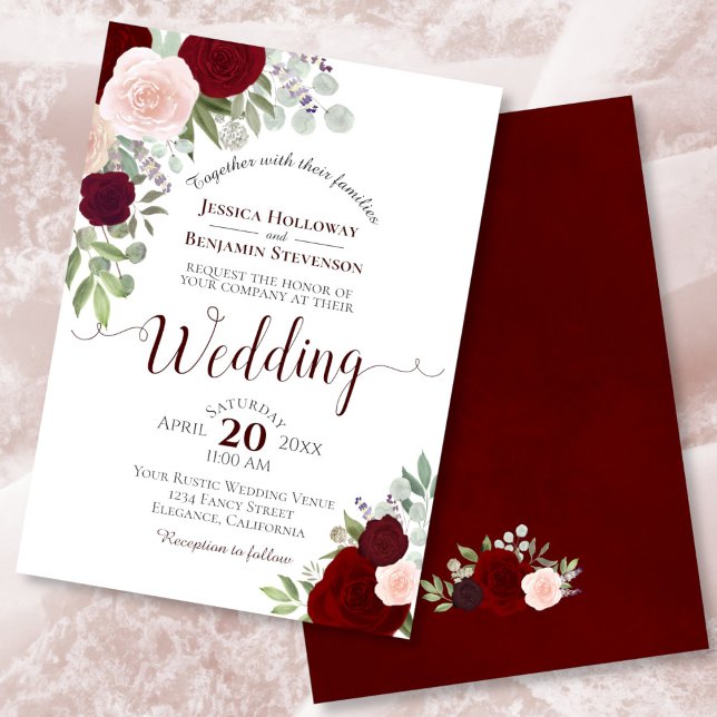 Invitation Boho Rustique Floral Bourgogne Rouge et Mariage ro (Front/Back)