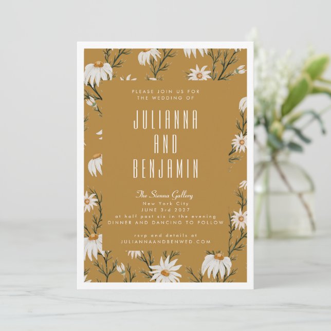 Invitation Boho Rustique Floral Mustard Jaune Mariage (Debout devant)