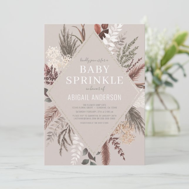 Invitation Boho Rustique Floral Pampas Grass Baby Sprinkle In (Debout devant)