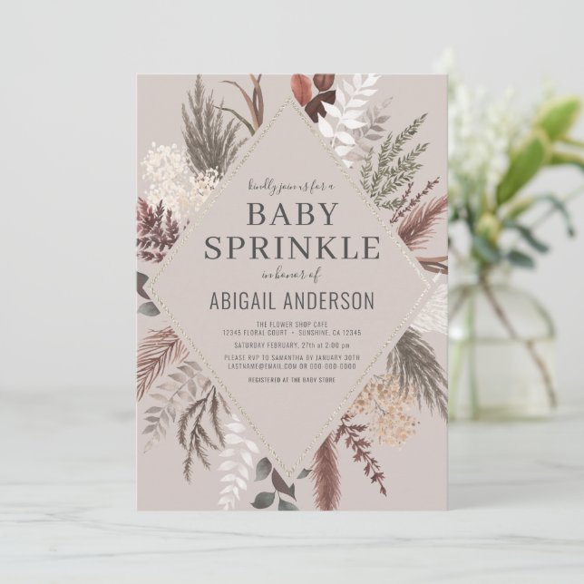 Invitation Boho Rustique Floral Pampas Grass Baby Sprinky (Debout devant)