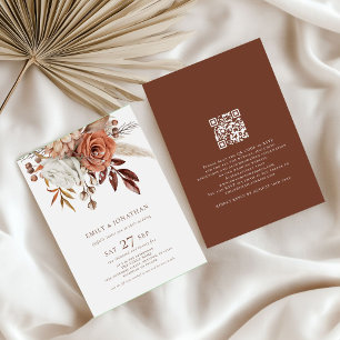 Invitation Boho Rustique Florals Texte Brown QR Code Mariage