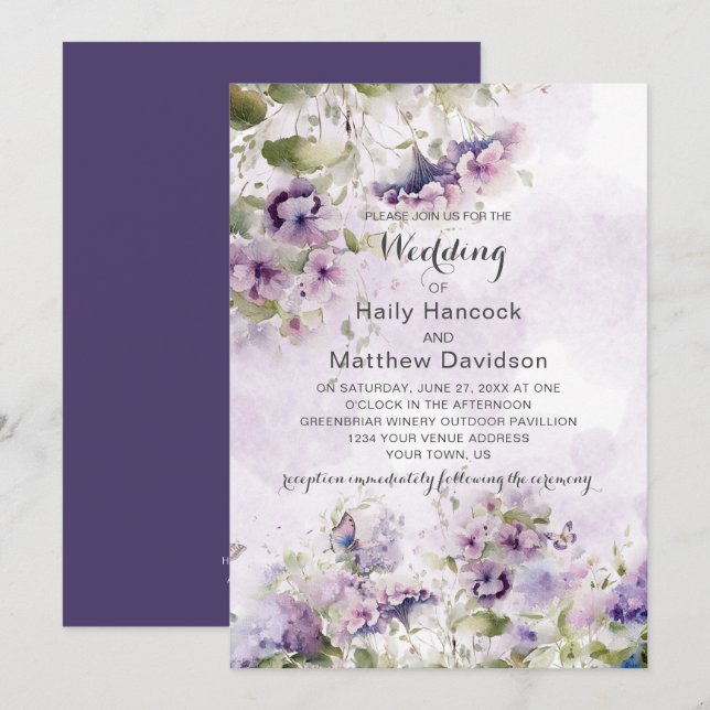 Invitation Boho Rustique Lavande violet Fleurs sauvages flora (Devant / Derrière)