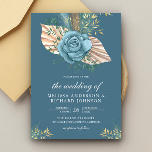 Invitation Boho Rustique Palm Dusty Blue Floral Mariage