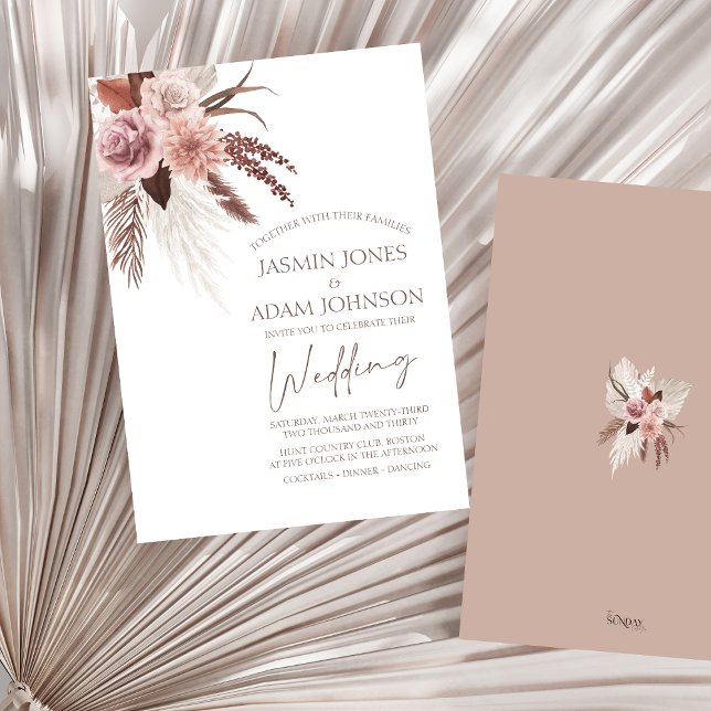 Invitation Boho Rustique Pampas Grass séché Fleurs Mariage (Boho Dusty Pink Dried Flowers Pampas Grass Wedding Invitation)