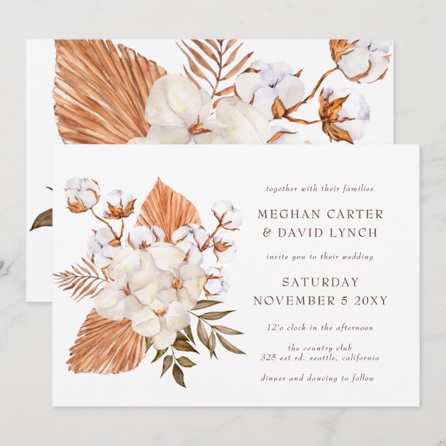 Invitation Boho Rustique séché Palm Coton Mariage tropical (Devant / Derrière)