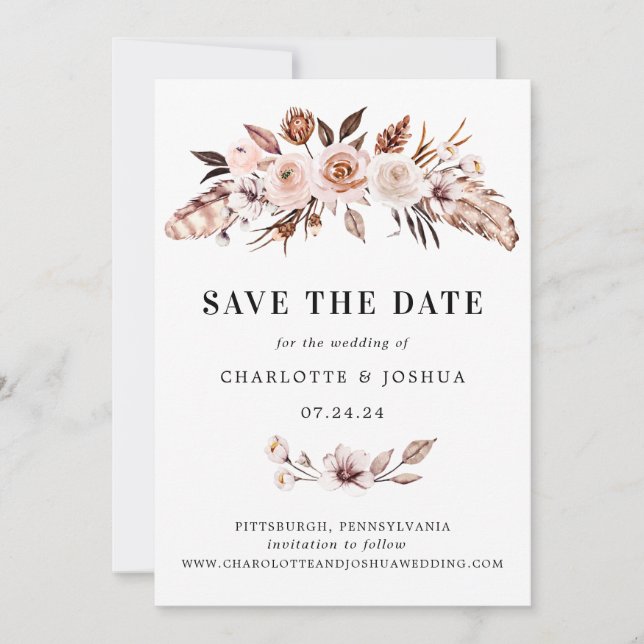 Invitation Boho rustique ton terrestre Photo Sauvez la date (Devant)