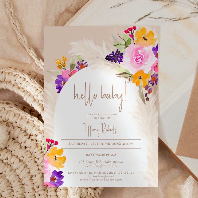 Invitation Boho sable floral arche neutre baby shower bonjour (Boho sand floral arch neutral hello baby shower invitation)