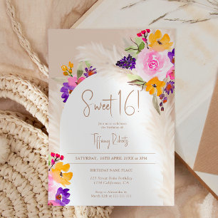 Invitation Boho sable floral pampas arc désert Sweet 16