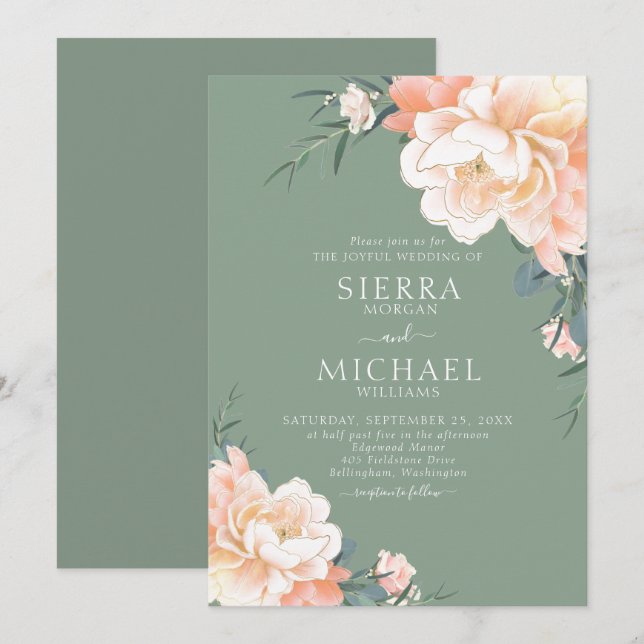 Invitation Boho Sage Green Blush Peach Crème Florale Mariage (Devant / Derrière)