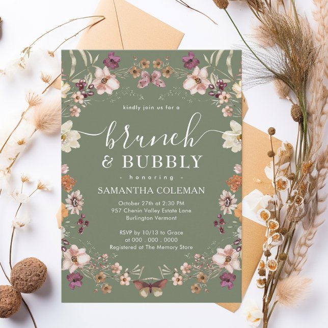 Invitation Boho Sage Green Brunch et Fête des mariées Bubbly (Créateur téléchargé)