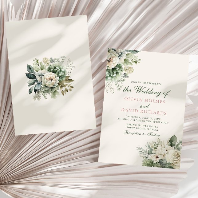Invitation Boho Sage Green et Mariage floral ivoire (Boho Sage Green and Ivory Floral Wedding Invitation on a sunny neutral dry palm leaf.)