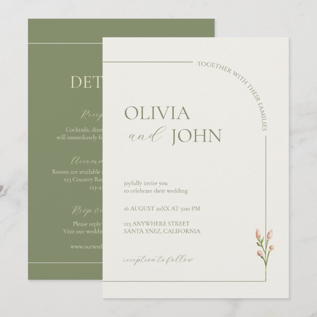 Invitation Boho Sage Green & Linen Arch Minimalist w Details (Devant / Derrière)