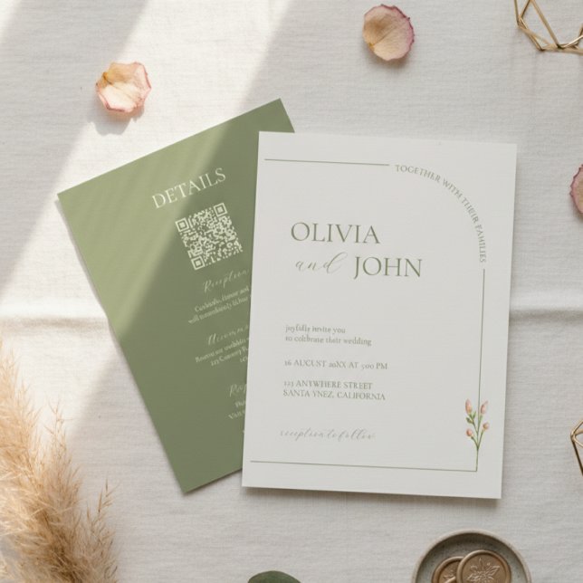 Invitation Boho Sage Green & Linen Minimalist w Details & QR  (Créateur téléchargé)