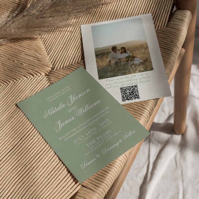 Invitation Boho Sage Green Modern QR Code Photo Wedding (Créateur téléchargé)
