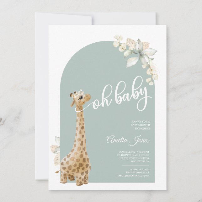Invitation Boho Sage Green Pampas Grass Giraffe Baby shower (Devant)