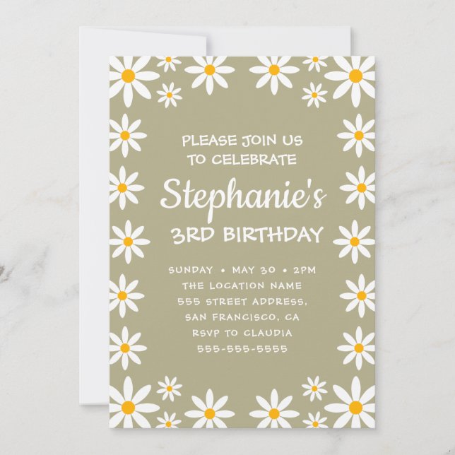 Invitation Boho Sage Green Retro Daisies Anniversaire (Devant)