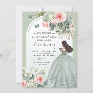 Invitation Boho Sage Green Rose Floral Princess Quinceañera