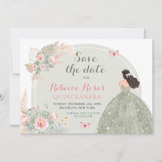 Invitation Boho Sage Green Rose Quinceañera Enregistrer La Da (Devant)