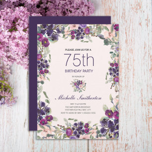 Invitation Boho Sage Vert Feuilles Violet Rose Floral 75ème