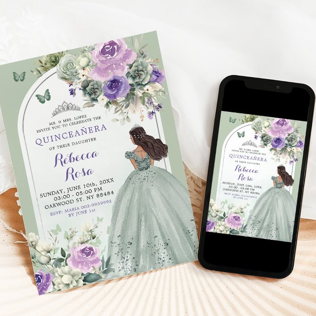 Invitation Boho Sage Vert Lavande Floral Quinceañera (Créateur téléchargé)
